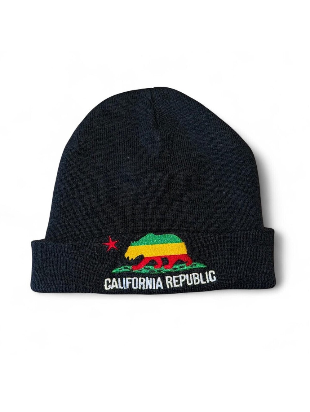 Rasta California Republic Embroidered Beanie | Black Cuffed Knit Cap